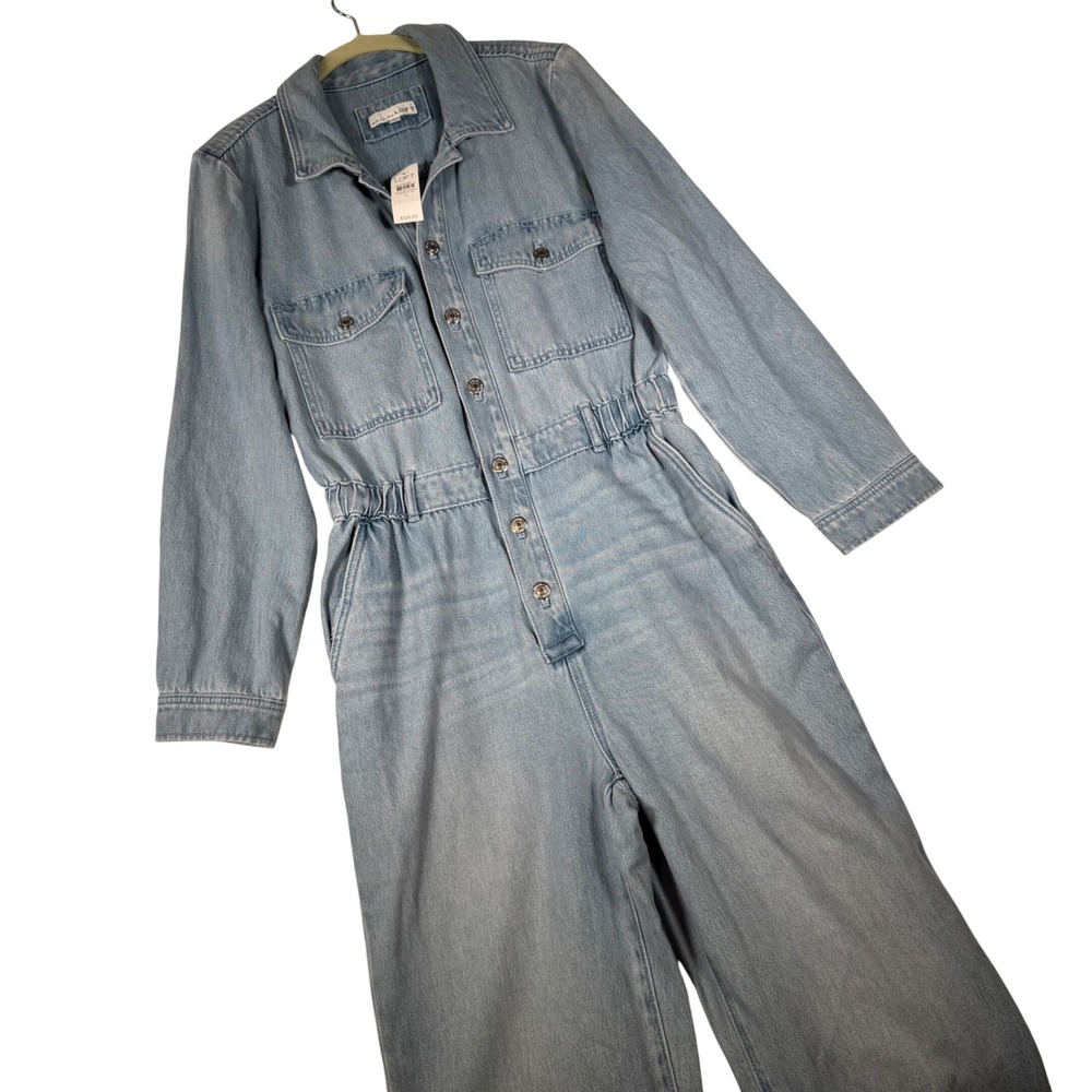 LOFT Light Wash Denim Utility Jumpsuit Womens 10 NWT Long Sleeve Wide Leg